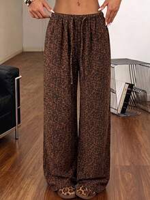 Women's Summer Lightweight Breathable Leopard Print Casual Pants, Elastic Waist Drawstring Loose Drape Lazy Bohemian Style Wide Leg Long Pants - Coffee Brown - View 5