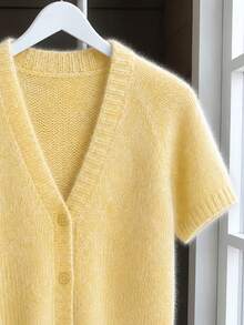 Plus Size Spring/Autumn Soft Fluffy Short Sleeve Knit Cardigan, Loose Drop Shoulder Textured Casual Daily Shopping Date Atmosphere Outerwear Sweater - Yellow - View 4