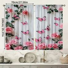 2pcs High Definition Digital Sweet Girl Style Pink Rose Butterfly Print Decorative Curtains, Polyester Material, Easy To Install, Rod Pocket Hanging, Semi-Transparent Privacy Protection, Machine Washable And Hand Washable, Suitable For Bedroom, Office, Kitchen, Living Room, Study, Home Decor. - Multicolor - View 12