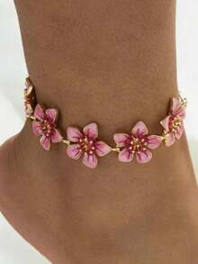 1pc Handmade Gradient Dip-Dyed Pink Five-Petal Flower Anklet, Vintage Style, Suitable For Vacation, Travel, Dating, Daily Wear, Elegant Women's Jewelry - A - View 6