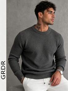 Men's Casual Jacquard Knit Crew Neck Long Sleeve Sweater - Dark Grey - View 3