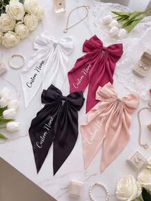 Custom Name Big Bow Hair Clips, Multi Color Engraved Text Long Ribbon Bow Barrette, Elegant Women Bridal Daily Custom Text Hair Accessories - Multicolor - View 4