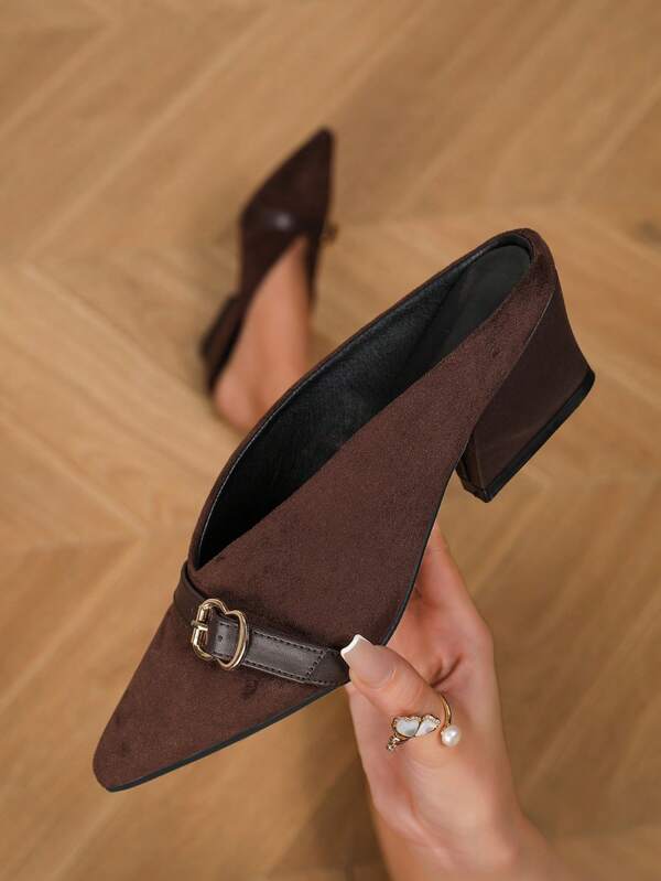 Fashionable Metal Buckle Decor Mule Wedge Heels Elegant Comfortable Suede Coffee High Heels