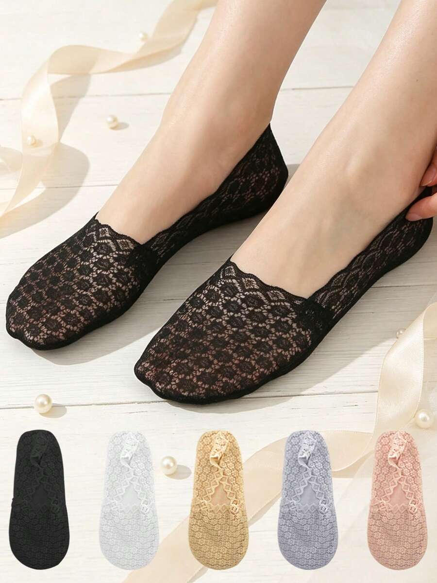 chuanwa（2） 1/5/10 Pairs Women's Summer Thin Breathable Non-Stuffy Hollow Lace Invisible Silicone Plum Blossom Pattern Boat Socks