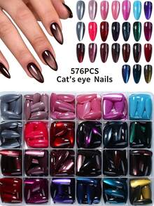 576 Pcs (24 Mixed Colors) Y2K Long Almond Glossy Nail Tips, Including Green, Purple, Red, Blue, Rose Red Cat Eye Crystal Cat Eye Acrylic Tips, Perfect For Long Almond Nail Designs Nails - Multicolor - View 4