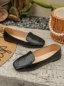 Plus Size 35-43 Spring/Autumn New Fashion Black Crocodile Embossed Square Toe Flat Ballet Pumps Daily Wear Low Vamp Black Strap Mary Jane Shoes Comfortable Women's Flat Shoes Elegant Women's Shoes All Season Shoes Ramadan Eid Al-Adha - Black Crocodile Pattern - View 8