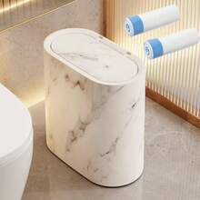 Compact Marble & Wood Grain Plastic Triangular Trash Can With Lid, Push-Open Lid, Suitable For Bathroom, Hotel, Homestay, Kitchen, Living Room, Narrow Triangular Trash Can - White Striped Trash Can - View 9