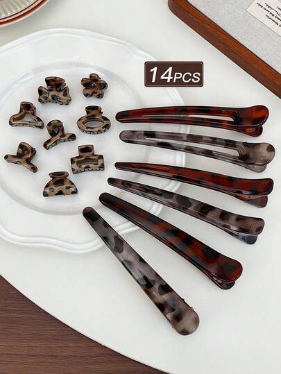 14pcs Tortoise Shell & Leopard Print Mixed Women's Hair Clips & Claws Large Set, Glossy Resin Mini Claw Clips + Long Alligator Hair Clips Combination, Vintage Y2K Versatile Hair Accessories, Daily Commute/Shopping Party/Summer Beach/Travel/Back To School Hairstyle Design Accessories, Hair Styling Accessories, Women's Hair Accessories, Gift Recommendation