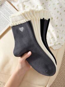 3 Pairs Women's Mid-Calf Socks With Bow And Heart Patterns, Vintage Style Ruffled Socks Suitable For All Seasons, Essential For Autumn, Winter - Multicolor - View 9