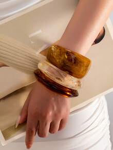 1pc/3pcs Maillard Premium Asymmetrical Acrylic Texture Amber Pattern Bangle, Multi-Layer Stackable Elegant Minimalist Daily Commute Vacation Hand Accessory - Brown - View 2
