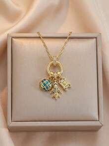 Women's Travel Theme Charm Necklace Set, Gold-Plated Daisy, Globe, Airplane And Hamsa Hand Pendant, Delicate Collarbone Chain, Fashionable Jewelry Gift - Gold - View 5