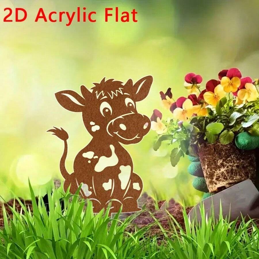 2D Flat, 1pc, Farm Cow Acrylic Garden Decor | Freestanding Outdoor Decoration, Acrylic Ground Stake, Perfect For Flower Pots, Lawns, Balconies And Backyards, Ideal Gift For Housewarming Or Friends And Family