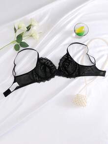 女款時尚花卉蕾絲鋼圈三角罩杯內衣 - 黑色 - 查看 4