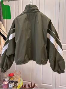 Women's Army Green Zipper Flight Jacket, High Collar Long Sleeve, Woven Fabric, Creating Fashionable Autumn Street Style - Army Green - View 2