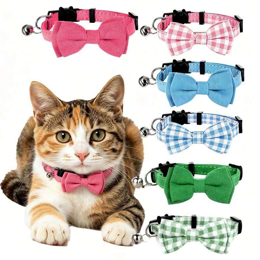 2pcs Cat Bow Bell Collar, Adjustable Anti-Choke Safety Collar, Suitable For Male And Female Cats And Puppies, Solid Color Plaid Pet Collar - Multicolor - View 1
