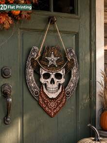 1pc Western Skull Horseshoe Front Door Hanging Decor, Halloween Decoration, Vintage Skull Star Pattern Headscarf Wall Plaque, Rustic Farmhouse Porch Decor, Autumn Indoor/Outdoor Entryway Holiday Wall Art, Spooky Season Party Home Decoration, Fall Decor - Multicolor - View 2