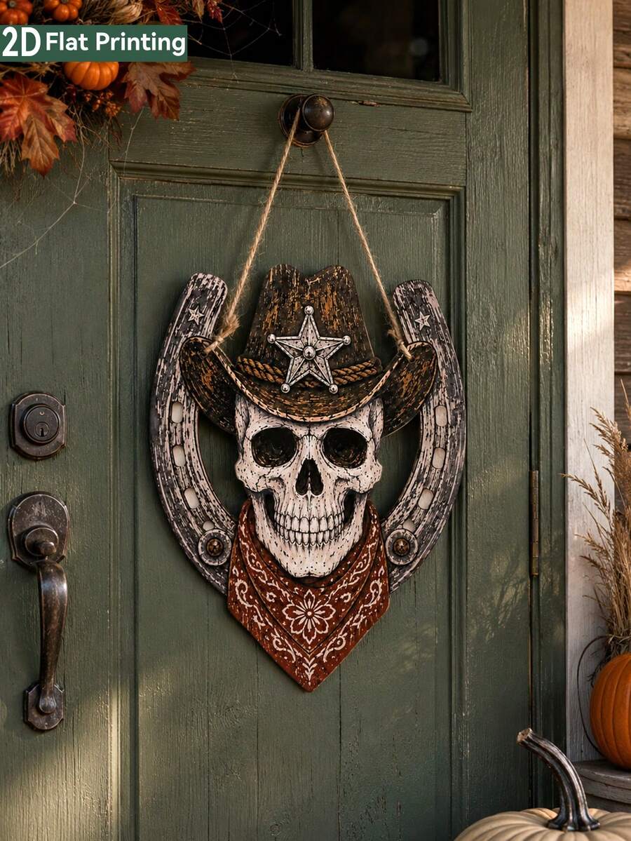 1pc Western Skull Horseshoe Front Door Hanging Decor, Halloween Decoration, Vintage Skull Star Pattern Headscarf Wall Plaque, Rustic Farmhouse Porch Decor, Autumn Indoor/Outdoor Entryway Holiday Wall Art, Spooky Season Party Home Decoration, Fall Decor