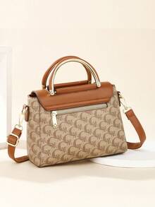 Retro Allover Letter Print Handbag Combo, Color Block Splicing Shoulder Bag With Detachable Adjustable Strap & Gold Metal Hardware - Brown - View 5