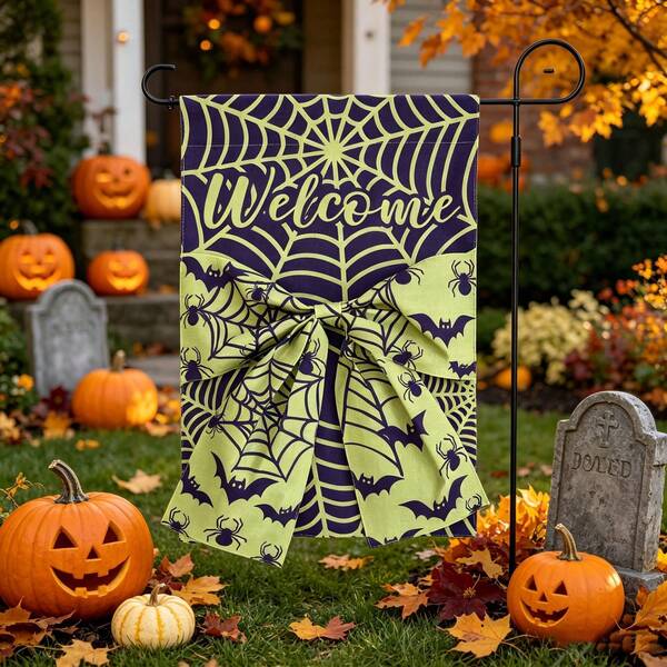 1pc Halloween Spider Web Bat Garden Flag, Bow Spider Web Welcome Double-Sided Garden Flag, 11.81*17.72 Inches, Suitable For Halloween Trick Or Treat Season, Villa Entrance, Country Cottage Porch, Lawn, Gravel Patio, High-End Atmosphere Decoration Item (Flag Pole Not Included)