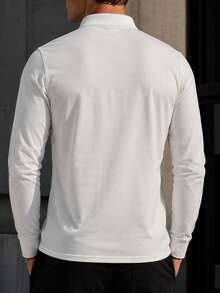 Men's Autumn Solid Color Classic Polo Shirt, Button Placket & Ribbed Cuffs, Basic Long Sleeve, Suitable For Daily Commute And Business Casual - White - View 3