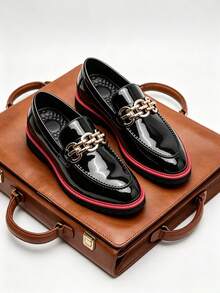 Men's Shiny Metallic Chain Loafers Slip-On Thick Platform Shoes British Style Slouchy Slip-On Business Formal Shoes Men's Red Bottom Commuter Shoes - Black - View 6
