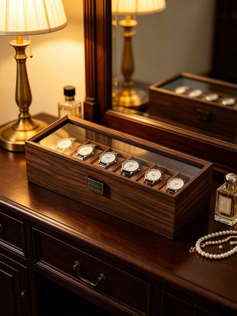 Luxury Walnut Wood Watch Box With Transparent Glass Window, 6-Slot Premium Watch Storage Organizer, Dust-Proof Watch Display Box Jewelry Storage Rack, Ideal Gift For Husband, Father, Boyfriend,Bedroom Room Decor,Back To School - Multicolor - View 1