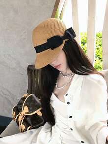 1件女款夏季蕾絲蝴蝶結草帽，優雅甜美風格，寬簷遮陽帽，適合海灘度假，夏季防曬帽，單件女款時尚草帽，中性款素色帽，戶外旅行用品，彩虹條紋草編水桶帽，透氣顯臉小，海灘時尚草帽禮物，適合日常穿搭 - B - 查看 12
