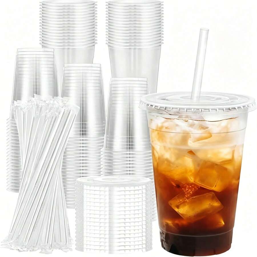 400ml Set Transparent Cup With Lid And Straw, Straight Lid Ice Drink Cup, [Reusable] Smoothie Cup, Suitable For Cold Drinks, Juice And Milkshakes - Halloween/Christmas/Birthday Party Essential - Clear - View 1
