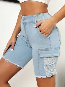 Pantalones cortos vaqueros de carga hasta la rodilla mujer talle alto con roturas deshilachadas, lavado claro elástico con bolsillos laterales para looks callejeros diarios. - Lavado ligero - Ver 4