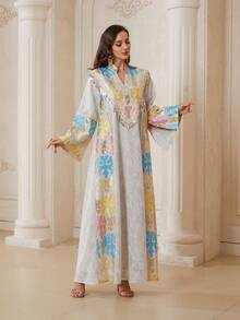 Women's Fashion Embroidered Mesh V-Neck Long Sleeve Dress Elegant Kaftan Fall - NC159 - View 4