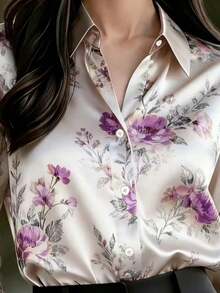 春季新款女式緞面優雅印花襯衫，前開扣設計，適合商務休閒場合，可機洗 - 紫色 - 查看 2
