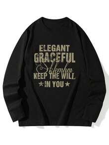 Women's Round Neck Long Sleeve T-Shirt, Spring/Autumn New Star Pattern & Letter Print, Fashion Casual Versatile Loose Fit Top Black - Black - View 3