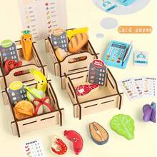 Children's Wooden Supermarket Play Home Toy Set 32pcs Role Playing Interactive Game Set With Wooden Frame; Credit Card Machine; Work Card; Bank Card; Shopping List; Simulated Food, Ideal Gifts For Various Festivals - Multicolor - View 2