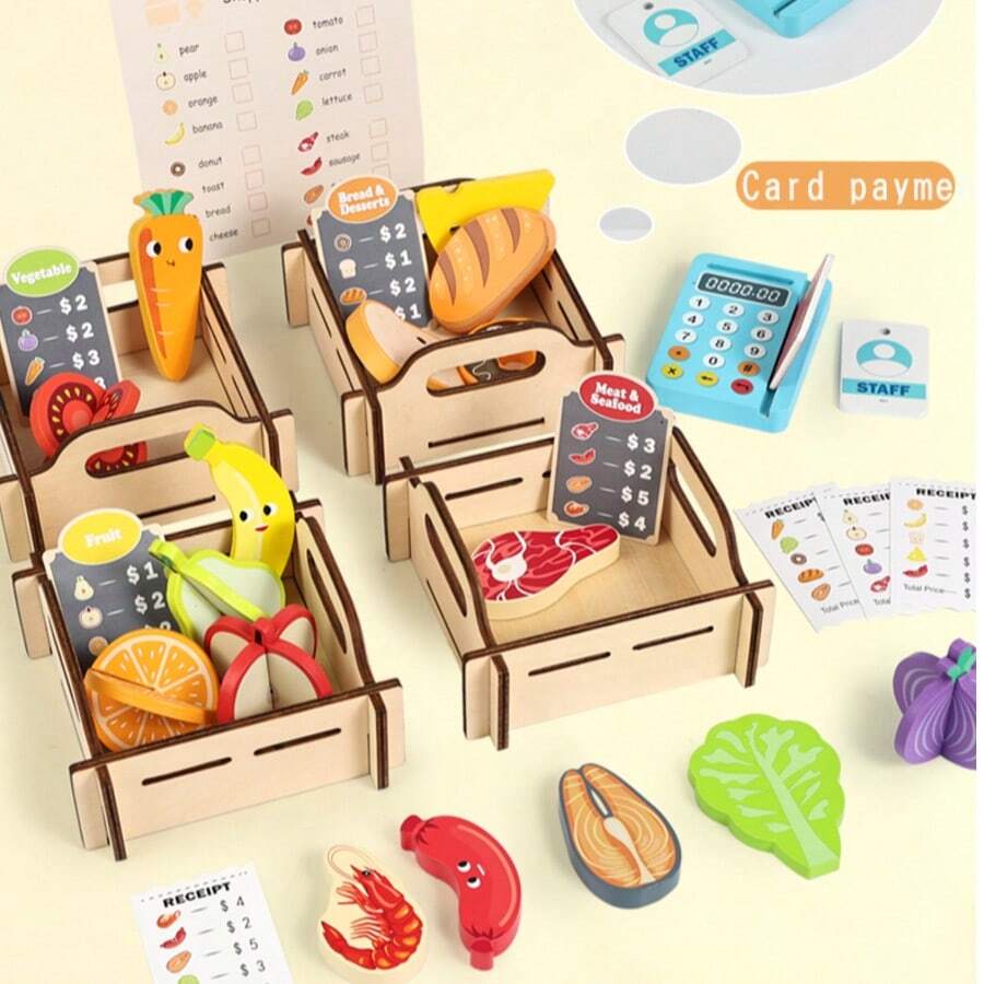Children's Wooden Supermarket Play Home Toy Set 32pcs Role Playing Interactive Game Set With Wooden Frame; Credit Card Machine; Work Card; Bank Card; Shopping List; Simulated Food, Ideal Gifts For Various Festivals
