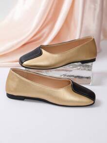 1 Pair Women's Black Gold Two Tone Patchwork Square Toe Slip On Flat Loafers, Spring Autumn Daily Office Walking Footwear - Gold - View 7