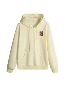 1pc Women's Cream Loose Hooded Sweatshirt, Drawstring Pocket Long Sleeve, Back Spotted Dachshund Coffee Polka Dot Pattern Sweatshirt - Apricot - View 2