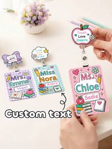 1pc Custom Teacher Name Badge Reel & ID Card Holder Set,Staff Luggage Tag Combo,Teacher Appreciation Gift,Back To School,Retractable Name Tag Clip - Multicolor - View 2