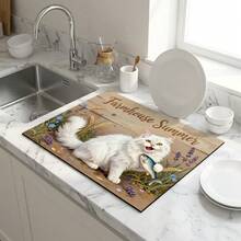 1pc Dish Drying Mat, Coffee Machine Mat, Country Summer Theme Cat Fishing Pattern, High Absorbency Countertop Mat, Suitable For Kitchen, Dining Table, Coffee Bar, Multi-Purpose Drainage Mat, Home Gift, Desktop Decor - XYLSD-634 - View 6