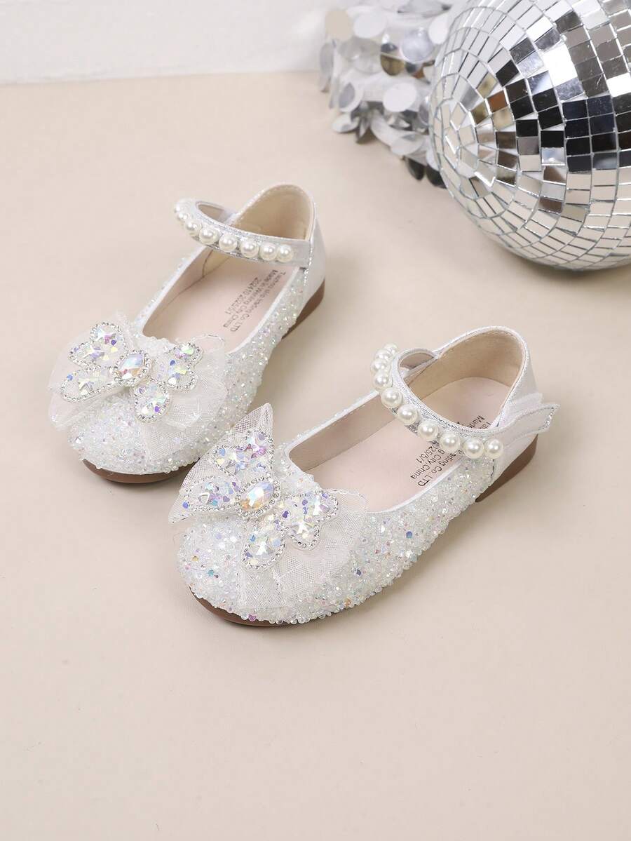 1 Pair Baby Girl Princess Flat Shoes With Bow Decor, Rhinestone, Spring/Autumn Toddler Shoes - Beige - View 1