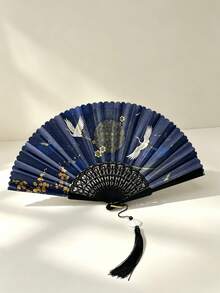 中式仙鶴印花摺扇附黑色流蘇，東方漢服旗袍女裝配件 - 雙鶴尋梅折扇 - 查看 8