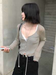 Casual Versatile Solid Color Knit Long Sleeve Cardigan Fall - Gray-green - View 4