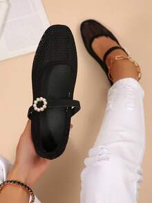Black Hollow Mesh Square Toe Mary Jane Flat Shoes, Pearl Buckle Single Strap Breathable Daily Commute Loafers - Black - View 1