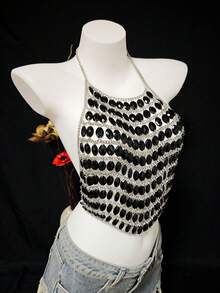 Women's Luxury Shiny Rhinestone Tassel Camisole See-Through Party Club Sexy Crop Top - Black - View 5