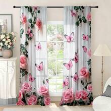 2pcs High Definition Digital Sweet Girl Style Pink Rose Butterfly Print Decorative Curtains, Polyester Material, Easy To Install, Rod Pocket Hanging, Semi-Transparent Privacy Protection, Machine Washable And Hand Washable, Suitable For Bedroom, Office, Kitchen, Living Room, Study, Home Decor. - Multicolor - View 7