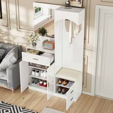 Modern Compact Wardrobe With Shoe Cabinet And Mirror, Black - 白色 - 查看 6