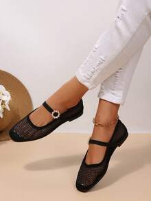 Sapatos Mary Jane Planos de Bico Quadrado com Malha Oca Preta, Fivela de Pérola, Tira Única, Respiráveis, Mocassins para Uso Diário e Deslocamento - Preto - Visão 3