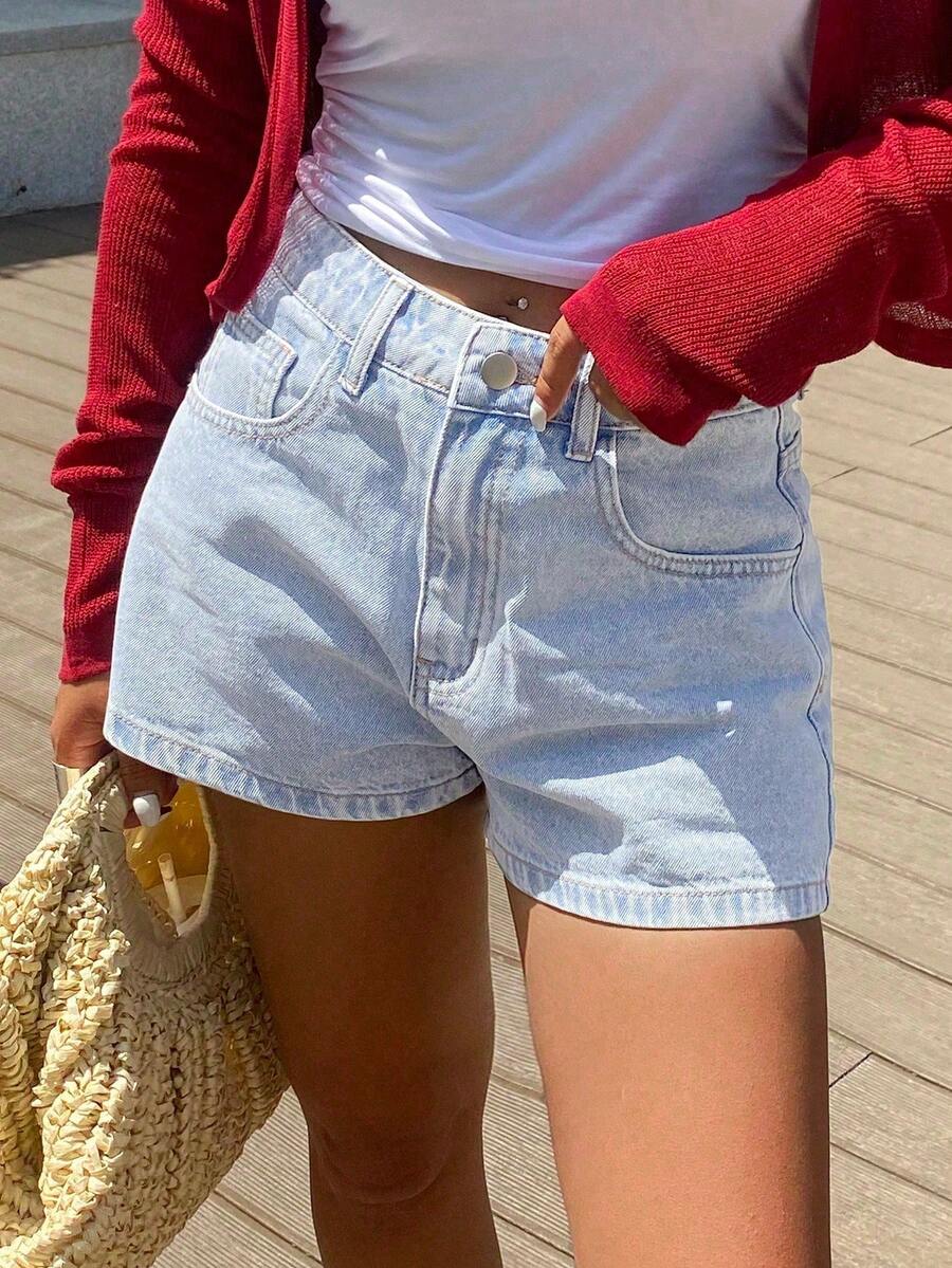 Teen Girl's Washed Denim Shorts, Simple Versatile Style With Built-In Elastic Waistband, Flattering For All Body Types, Suitable For Daily Wear Or School - Baby Blue - View 1