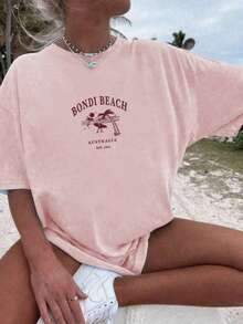 女款夏季 Bondi Beach 印花休閒簡約寬鬆日常街頭風短袖 T-shirt 上衣，沙灘上衣 粉色 - 粉色 - 查看 2
