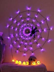 1pc Halloween Spider Web Light, Orange/Purple Realistic Spider Web Hanging Light, 70leds With Spider, Battery Operated, 8 Lighting Modes, Halloween Indoor Living Room Bedroom Wall Decoration Hanging Light, Yard And Porch Decoration, Create Halloween Party Spooky Atmosphere Decoration. - Multicolor - View 13