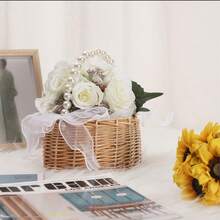 1/2pcs Handmade Pearl Princess Flower Basket, Woven Storage Basket, Handheld Flower Basket, Handmade Flower Basket, Home And Wedding Decor - Multicolor - View 5